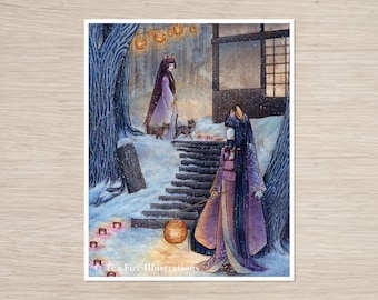 May include: Two women in purple and blue kimonos walk up a snowy staircase. The woman in the foreground carries a glowing lantern. The background features a traditional Japanese house and trees with hanging lanterns.
