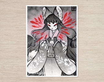 Kitsune and the Shattered Jewel, Japanese Folklore, 5x7 Matte Art Print on Cotton Rag Paper