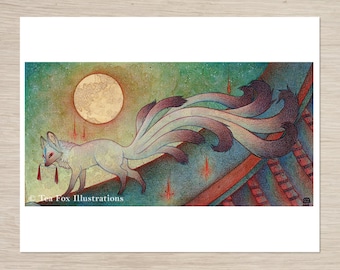 May include: A white fox with nine tails walks on a red and white bridge under a full moon. The fox has red tassels hanging from its neck. The background is a dark blue and green watercolour wash with stars and falling red lights.