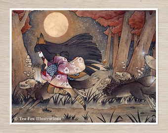May include: A woman with long black hair and a fox tail runs through a forest at night. She is wearing a pink and white kimono and carrying a blue and white fan. The moon is full and bright in the sky, and there are stars visible. The woman is being followed by three skeletal wolves.