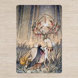 Kitsune Bargain with the Wish Spirit, Fox Deer Japanese Folklore, Postcard Gift