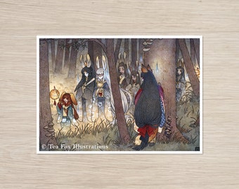 Procession of the Moon Rabbits Witnessed by a Fox, 5x7 Matte Art Print on Cotton Rag Paper