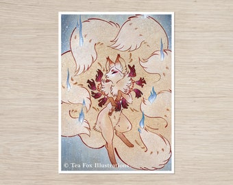 May include: A white fox with nine tails, each tail ending in a blue flame. The fox is surrounded by a swirling cloud of white fur. The fox has red eyes and a red flower garland around its neck. The background is a light blue with white speckles. The image is signed "Tea Fox Illustrations".
