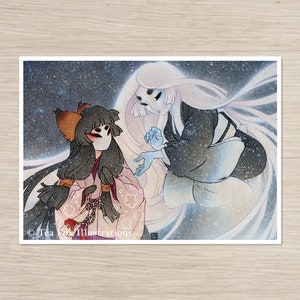Kitsune Encounter with Yuki Onna, Japanese Folklore, 5x7 Matte Art Print on Cotton Rag Paper