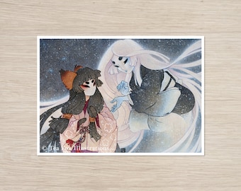 Rencontre kitsune avec Yuki Onna, folklore japonais, impression d'art mat 5 x 7 sur papier chiffon de coton