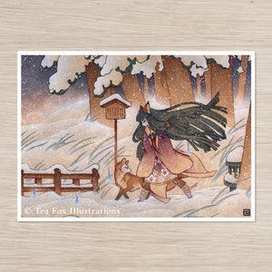 Kitsune Spirits on Snowy Path, 5x7 Matte Art Print on Cotton Rag Paper