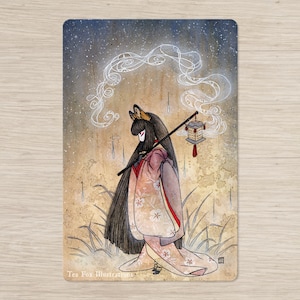 Femme renarde dans la rêverie, folklore japonais Kitsune Yokai, carte postale papeterie cadeau