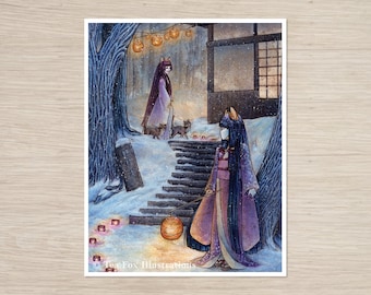 May include: Watercolor illustration of two figures in traditional Japanese attire with fox-like features, walking in a snowy landscape. One figure leads cats on a leash. Lanterns and a building are in the background. The artwork is signed "Tea Fox Illustrations."
