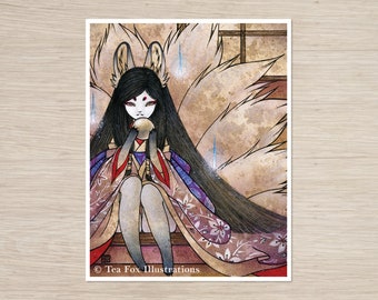 Art Print: Nine Tailed Fox Holding Jewel, Japanese Folklore (11x14)