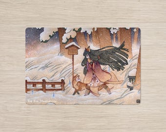 Kitsune Spirits on Snowy Path, Fox Yokai Japanese Folklore, Postcard Gift