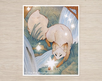 White Fox Catching Star, Loaf Tarot Card, 8x10 Matte Art Print on Cotton Rag Paper