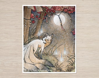 Kitsune onder Japanse esdoorn, Fox Japanse folklore, 11x14 matte kunstprint op katoenlappapier