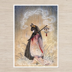 Fox Woman in Reverie, Kitsune Japanese Folklore, 5x7 Matte Art Print on Cotton Rag Paper