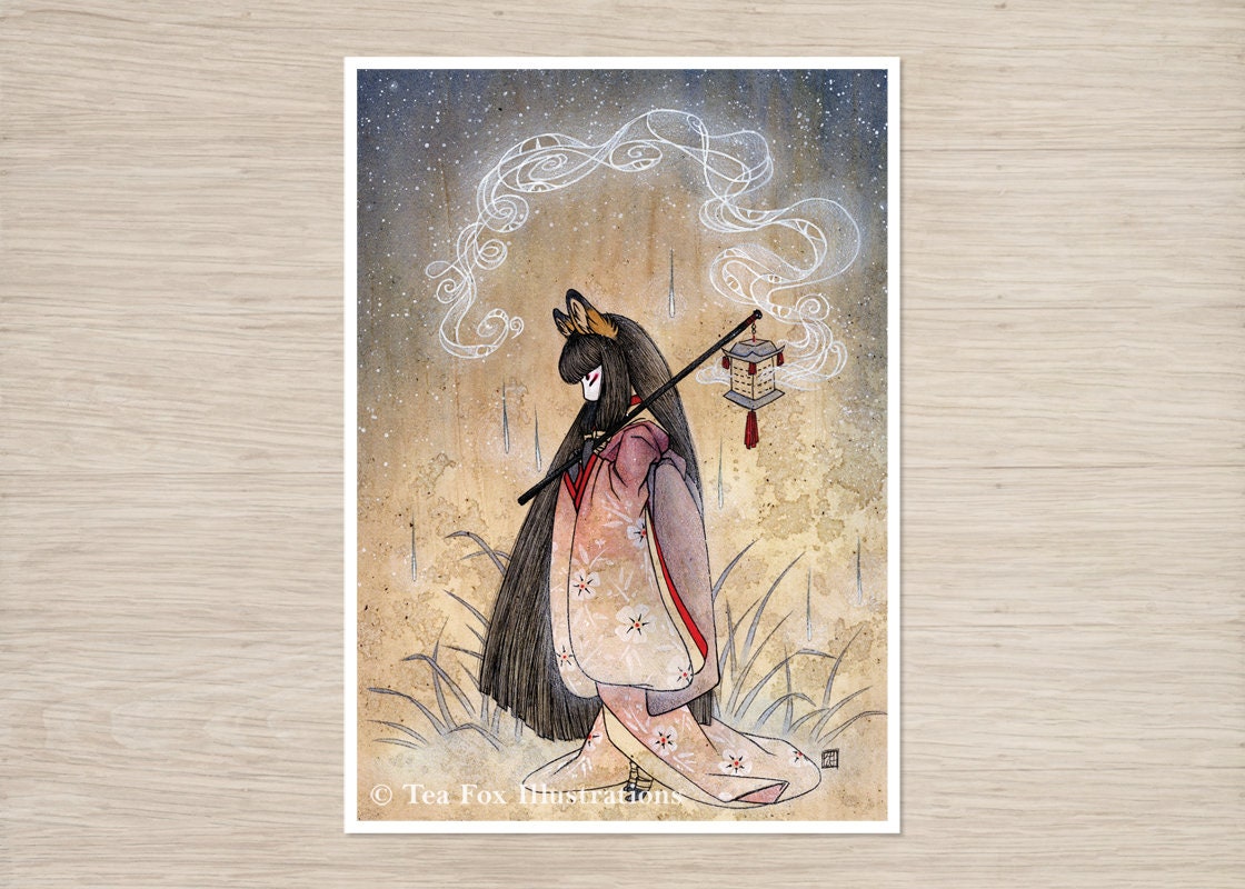 Fox Woman in Reverie, Kitsune Japanese Folklore, 5x7 Matte Art Print on Cotton Rag Paper