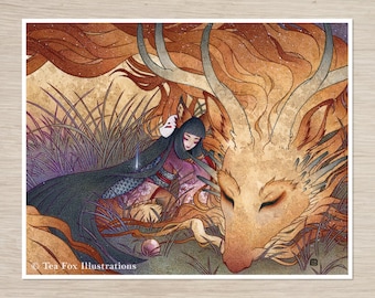 May include: A digital illustration of a young woman with long black hair wearing a white mask and a purple kimono, sitting next to a large, sleeping, golden-brown mythical creature with antlers. The background is a field of tall grass with a starry sky.