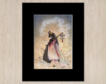 Femme renarde dans la rêverie, folklore japonais kitsune, impression lustre 5 x 7 avec noir mat 8 x 10