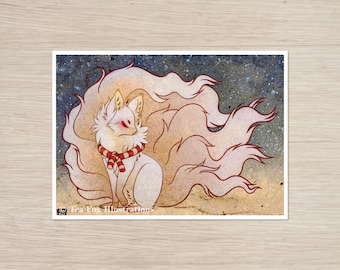 May include: A white fox with a red and white scarf sits against a starry night background. The fox has a fluffy tail and a soft, dreamy expression. The image is titled "Tea Fox Illustrations".