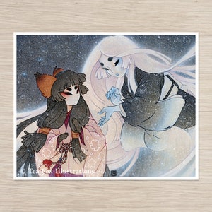 Kitsune Encounter with Yuki Onna, Japanese Folklore, 8x10 Matte Art Print on Cotton Rag Paper