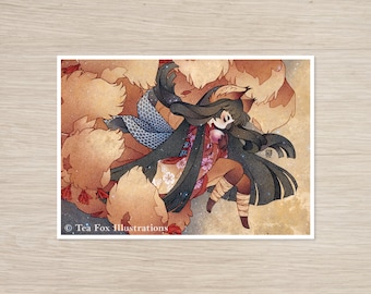 Kitsune tenant un bijou, folklore japonais renard, impression d'art mat 5 x 7 sur papier chiffon de coton