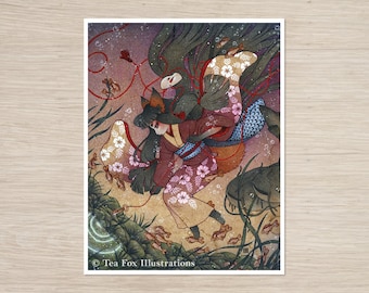 Puede incluir: Una ilustración digital de una mujer con orejas de zorro y una cuerda roja atada alrededor de su muñeca, lleva un kimono rojo y blanco y está rodeada de peces y plantas. El fondo es azul oscuro con burbujas blancas. El texto "Tea Fox Illustrations" está en la parte inferior de la imagen.