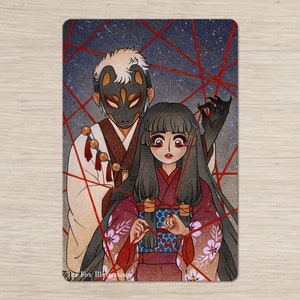 Rencontre fatale des esprits renards, folklore japonais kitsune, cadeau de papeterie carte postale 4 x 6