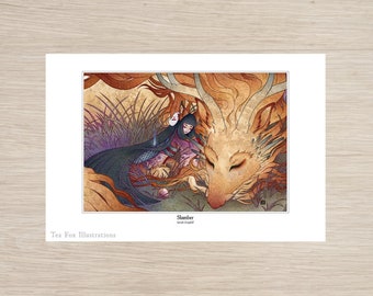 Fox Girl Slumbers with Dragon, Kitsune Japanese Folklore, 12x18 Gold Foil Art Print Poster