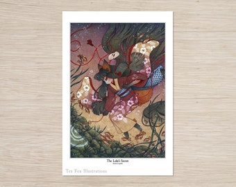 May include: A digital illustration of a woman with long black hair wearing a red and pink kimono with a fox mask. She is surrounded by a swirling blue and green background with a red string and small fish. The text "The Lake's Secret" is at the bottom of the image.