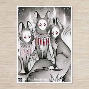 Three Masked Foxes, Kitsune Japanese Folklore, 5x7 Matte Art Print on Cotton Rag Paper image 1