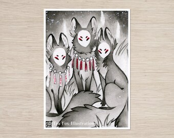 Three Masked Foxes, Kitsune Japanese Folklore, 5x7 Matte Art Print on Cotton Rag Paper