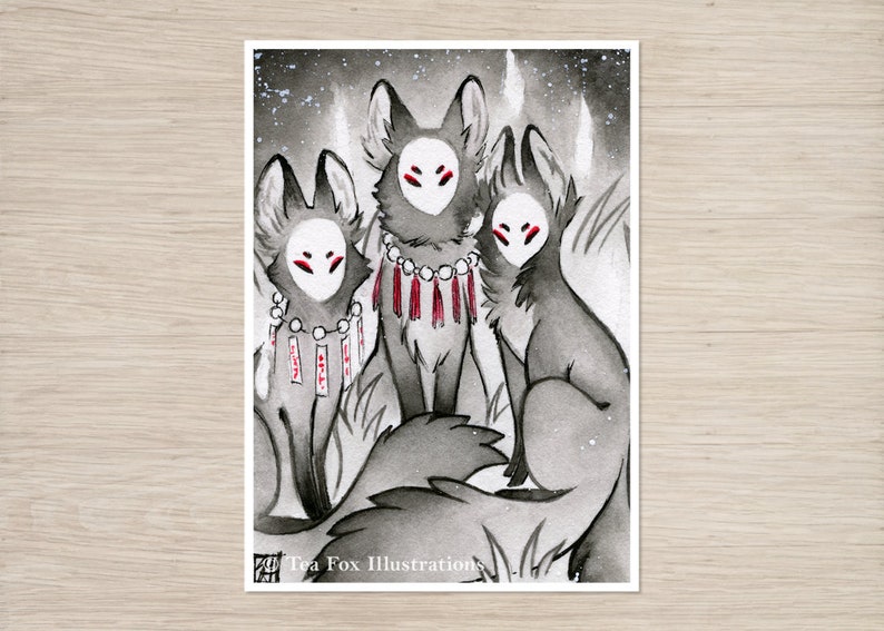 Three Masked Foxes, Kitsune Japanese Folklore, 5x7 Matte Art Print on Cotton Rag Paper image 1