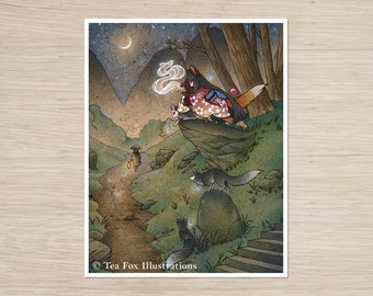 May include: A watercolor illustration of a fox spirit in a forest setting. The fox is wearing a red and white kimono and has a long, flowing tail. The fox is surrounded by other animals, including a rabbit and a squirrel. The background is a dark forest with a moon in the sky.
