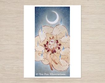 Art Print: Celestial Kitsune Ascends to the Moon and Stars, Japanese Folklore (11x14)