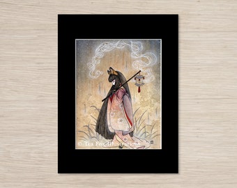 Femme renarde dans la rêverie, folklore japonais kitsune, impression lustre 8 x 10 avec noir mat 11 x 14