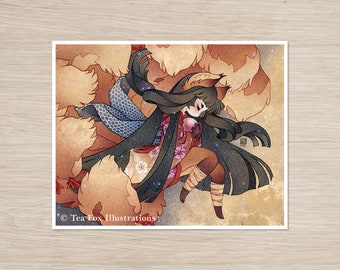 Kitsune Art Print: Fox Woman in Reverie, Japanese Folklore