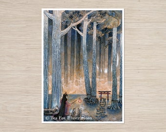 Puede incluir: Una mujer con una túnica roja y negra camina por un bosque con una linterna. La siguen tres zorros. El bosque es oscuro y misterioso, con árboles altos y una luna brillante en el cielo. Hay una puerta torii roja en la distancia.