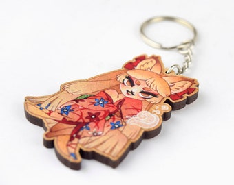 Charm: Fox Woman in Red Kimono, Cherry Wood Key Chain for Bag Wallet Backpack
