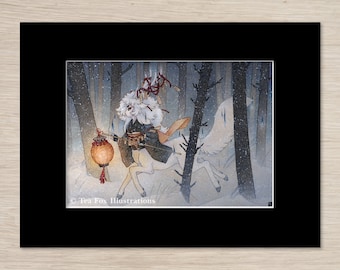 Esprit de la forêt avec lanterne, folklore japonais, impression lustre 5 x 7 avec noir mat 8 x 10