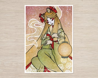 Tanuki Geisha with Lantern, Japanese Folklore, 5x7 Matte Art Print on Cotton Rag Paper