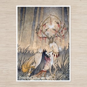 Art Print: Kitsune Bargain with the Wish Spirit, Japanese Folklore (5x7)