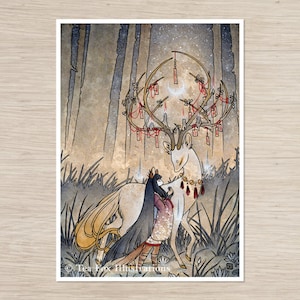 Kitsune Bargain with the Wish Spirit, Japanese Folklore, 5x7 Matte Art Print on Cotton Rag Paper