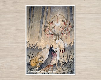 Kitsune Bargain with the Wish Spirit, Japanese Folklore, 5x7 Matte Art Print on Cotton Rag Paper