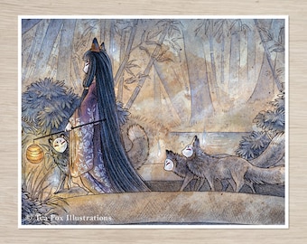 May include: A woman in a long, dark blue and gold kimono walks through a forest with three foxes. She carries a lantern and a staff. The foxes have white masks on their faces. The background is a watercolor painting of a forest with a stream.