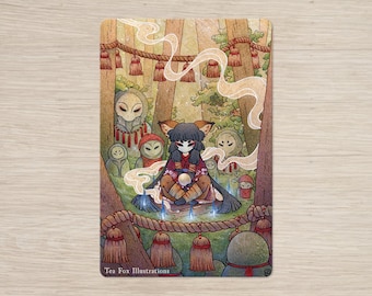 May include: A fox spirit with black hair and a red and white kimono sits in a forest clearing surrounded by small, gray, humanoid figures. The fox spirit is holding a glowing orb in its hands. The scene is surrounded by trees and a rope with red tassels hanging from the branches.