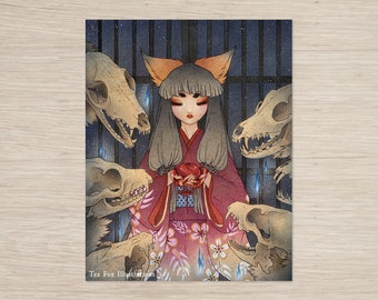 May include: A woman with fox ears and a red kimono holds a heart in her hands. She is surrounded by animal skulls with glowing blue flames. The background is dark blue with a starry sky and a barred window.