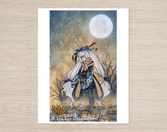 May include: A digital illustration of a young woman with long white hair wearing a blue and white kimono with a rabbit ear headband. She is standing in a field of tall grass with a full moon in the background. The image is titled "Tea Fox Illustrations".