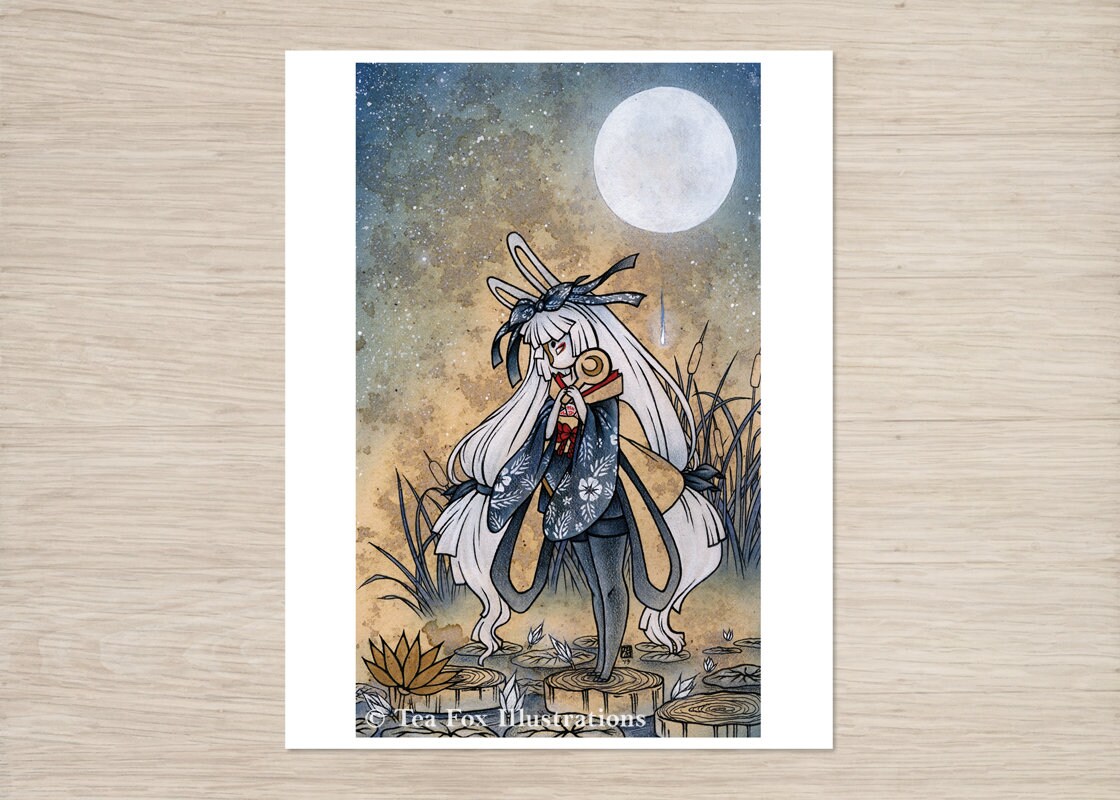 Moon Rabbit and the Gold Lotus, 11x14 Matte Art Print on Cotton