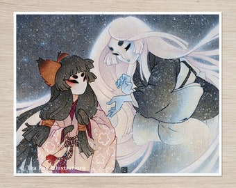 May include: Two women in traditional Japanese clothing stand against a starry night background. The woman on the left wears a pink and white kimono with a fox mask. The woman on the right wears a white kimono and has long white hair. The background is a dark blue with white stars.