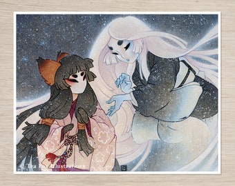 Kitsune Encounter with Yuki Onna, Japanese Folklore, 11x14 Matte Art Print on Cotton Rag Paper