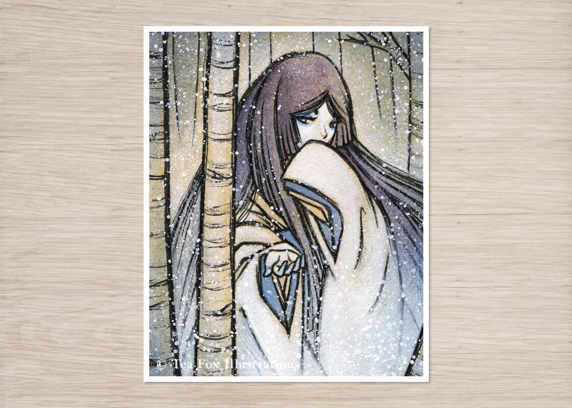 Beckoning Yuki Onna in a Winter Forest, 8x10 Matte Art Print on Cotton Rag Paper