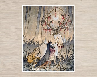 May include: A white deer with antlers adorned with red string and small charms stands in a forest setting. A woman with long black hair and a white dress stands beside the deer, holding a small object in her hand. The scene is painted in a soft, muted palette of browns, grays, and whites.